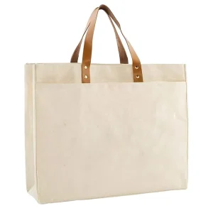Women Leather Handles Canvas Weekend Tote Portable Shopping Bags and Cotton Canvas With Logo