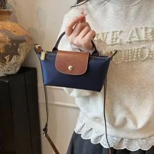 Women Mini Long Style Nylon Handbag Vintage Brown Leather Flap Crossbody Sling Bag Portable Phone Purse