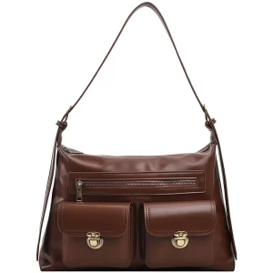 Women Multi Pocket Shoulder Bag PU Leather Hobo Handbag with Front Flap Pockets Canvas Lining Zipper Closure