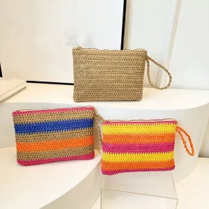 Women Rainbow Handheld Woven Makeup Bag Fresh Straw Wallet Purse with Zipper Ladies Clutch Bag