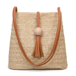 Women Summer Beach Large Handmade Shoulder Straw Rattan Tote Bag with Leather Shoulder Strap