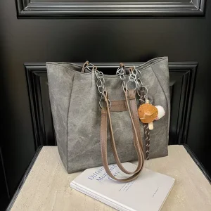 Women’s Artistic Multi Pocket Crossbody Bag Korean Version Simple Fashion Corduroy Handheld Tote PU Material Zip Ins Style