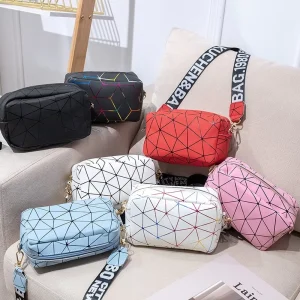 Women’s Autumn Fashionable Geometric Print PU Material Messenger Shoulder Bag Camera Strap Colorful Letter Design