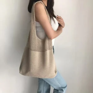 Women’s Beach Bag Retro Hollowed Out Knitted Polyester Two Straps Medium Size Cross Border Big Bag