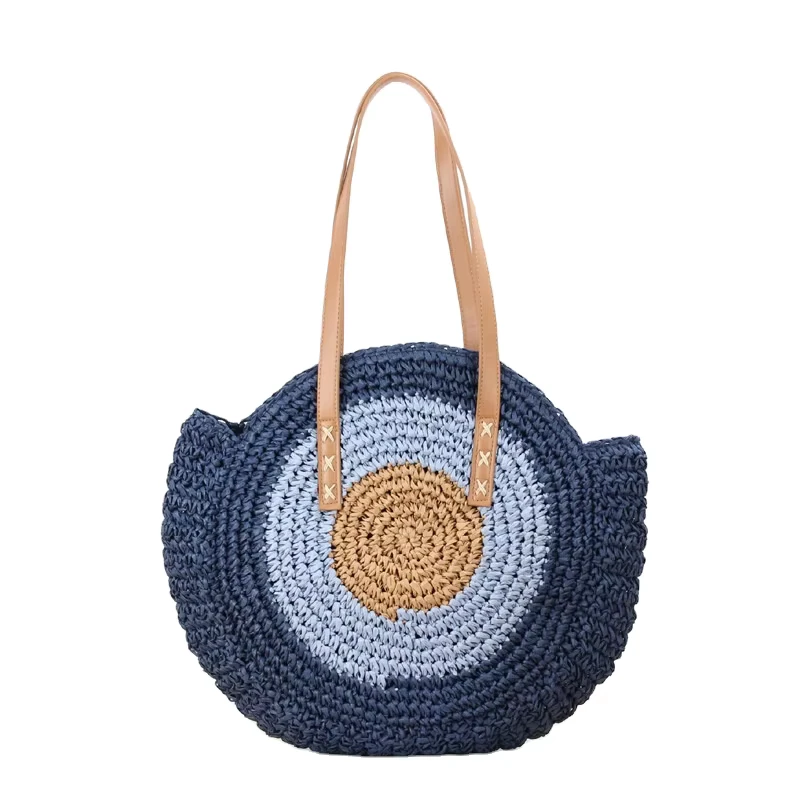 Women’s Boho Woven Handbag Summer Beach Holiday Tote Bag Two Straps Portable Straw Rattan Bucket Shoulder Autumn Spring