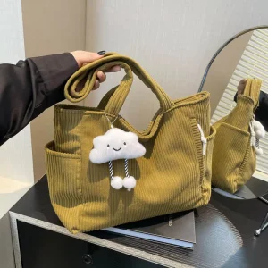 Women’s Corduroy Strap Zipper Closure Large Capacity Handbag Hidden Cell Phone Pocket Artistic Retro Youth Shoulder Bag