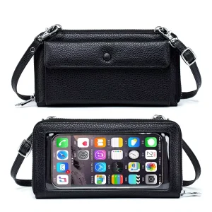 Women’s Cowhide Leather Touch Screen Cell Phone Wallet Purse Stylish Mini Crossbody Messenger Bag for Ladies
