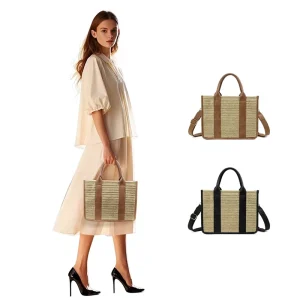 Women’s Cross-Border Spring Canvas Woven Single-Shoulder Messenger Tote Bag Casual All-Match Plaid Pattern Contrasting Color