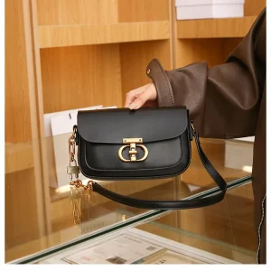 Women’s Crossbody Bag with Geometric Buckle and Polyester Lining