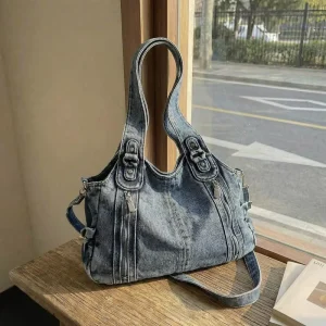 Women’s Denim Messenger Bag Casual Zipper Shopping Tote with Polyester Lining Big Shoulder Bag for Ladies
