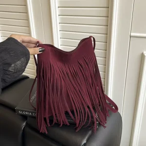 Women’s Fashion Casual Striped Pattern Suede Handbag Tassel Hasps Portable Underarm Single Strap Polyester Lining All Seasons