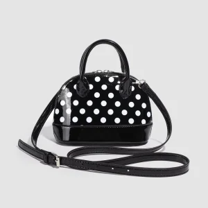 Women’s Fashion Sweet Style Shell Shaped Black and White Polka Dot Handbag with ZIP Closure Shoulder Bag and CrossBody Bag