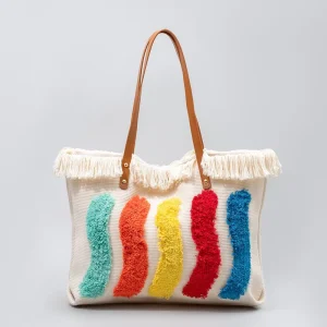 Women’s Fashionable Beach Handbag Large Canvas Zipper Tassel Wallet Casual Summer Saint Bart Bag