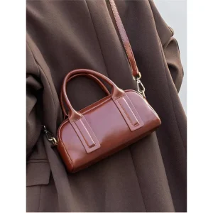 Women’s Genuine Leather Boston Bag Medium Top Layer Cowhide Handbag with Zipper Urban Minimalist Shoulder Bag