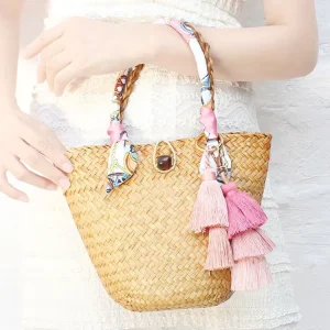Women’s Hand Woven Straw Scarf Open Closure Fashion Hand Bag Custom for Seaside Beach Holidays Cosmetic Bags Cases