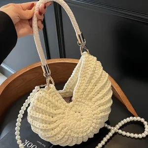 Women’s Handmade Woven Crochet Bag Geometric Open Beach Conch Shell Crossbody Bag