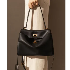 Women’s High Quality Durable Genuine Leather Rodeo Tote Shoulder Hand Underarm Bag Medium Size Latch Closure Stitching Buckle