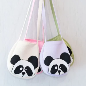 Women’s Knitted Hand Bag Cute Colorful Panda Pattern Woven Crossbody Cell Phone Purse Stylish Lady’s Wrist Bag for