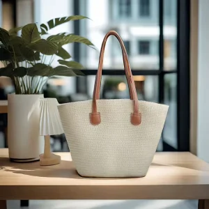 Women’s Large Capacity Beige Tote Bag with Customized Open Closure Fine Grain Design for Beach Travel Leisure & Holidays