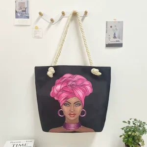 Women’s Large Capacity Canvas Tote Bag Creative Beach Crossbody Zipper Foldable Thick Rope Design Shopping Polyester Lining All