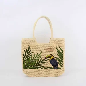 Women’s Large Capacity Portable Tote Handbag Solid Color Pattern Woven Straw Bag Zipper Closure Seaside Beach Floral