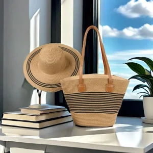 Women’s Large Capacity Single Strap Woven Tote Bag Fashionable Straw Polyester Summer Holidays Portable French Beach Bag