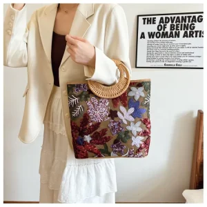 Women’s Large Capacity Woven Handbag Sequin Straw Tote Bag Floral Niche Embroidery Zipper Closure Polyester Lining