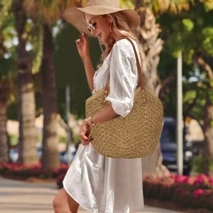 Women’s Large Handmade Woven Tote Bag China Origin Beach Shoulder Bag Top Handle Purse No Pattern No Closure for Summer