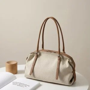 Women’s Linen Cowhide Leather Tote Bag Large Capacity Shoulder Handbag Casual Commuting Bag for Work Travel