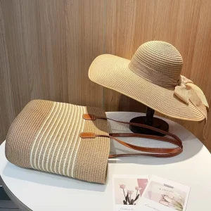 Women’s Luxury Summer Open Woven Straw Tote Bag with Large Capacity and Beach Hat Set Beach Tote Bag