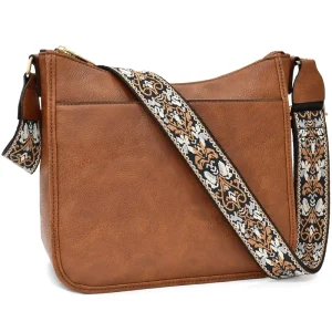 Women’s PU Crossbody Bag Jacquard Strap Handbags Ladies Messenger Bag with Wide Single Shoulder Straps DOM2690