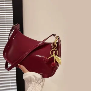 Women’s PU Leather Handbag Single Strap Zipper Closure Polyester Solid Color Cherry Pendant Casual