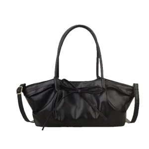 Women’s PU Soft Pleated Shoulder Underarm Tote Bag with Bow Stitching Magnetic Clasp Small Size for Work & Daily Use