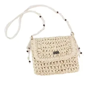 Women’s Paper Straw Bag Geometric Pattern Portable Beach Bag with Chain Decoration