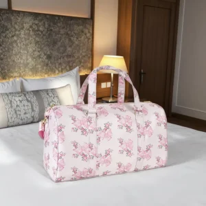 Women’s Pink Floral Large Capacity Lightweight Weekender Zipper Closure Waterproof Nylon Travel Luggage Duffel Bag