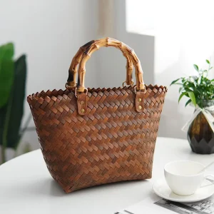 Women’s Retro Bamboo Handwoven Straw Bag Durable Eco Friendly Rattan Handbag With Two Straps Open Closure Type