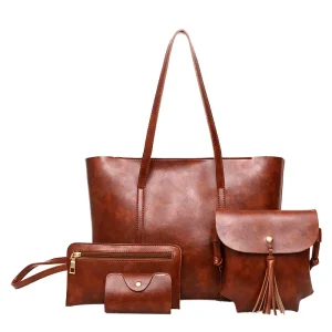 Women’s Retro Style PU Bags Four Piece Set Hand held Single Shoulder Crossbody Tote Zipper Fashionable Chains