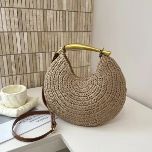 Women’s Round Straw Woven Shoulder Bag Handmade Circular Crossbody Handbag Summer Beach Boho Fashion Raffia Tote Bag