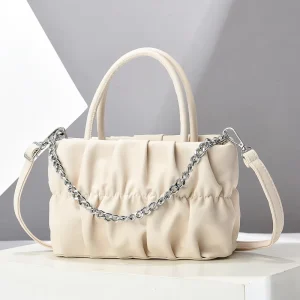 Women’s Ruched Cloud Handbag Fashion Silver Chain Crossbody Bag Elegant Ladies Top Handle Shoulder Purse