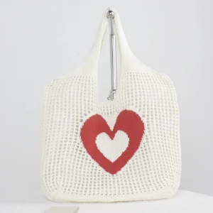 Women’s Spring Autumn Winter Summer Portable Open Polyester Tote Bags Crochet Beach Shopping Love Heart Gift