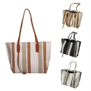 Women’s Striped Canvas Tote Bag With Leather Handles And Zipper Closure Chains Detail Large Capacity For Daily Beach Shopping