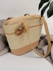 Women’s Summer Beach Bag & Hat Set Outdoor Colorful Straw Tote Bag with Polyester Lining Portable Bags