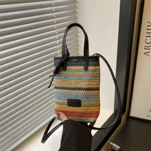 Women’s Summer Color Block Woven Bag Straw Phone Bag Korean Style Niche Minimalist Crossbody Bag