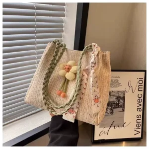 Women’s Summer Fashion Beach Hand Woven Shoulder Tote Bag Straw Zipper Closure Polyester Lining for Travel Holiday Leisure Work