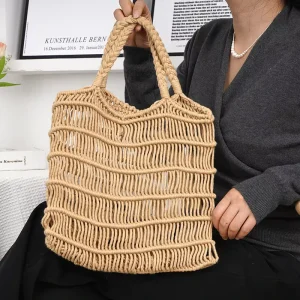 Women’s Summer Fish Net Crochet Tote Bucket Shoulder Bag Woven Handmade Straw Beach Handbag with Open Closure