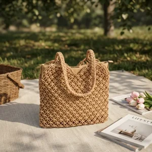 Women’s Summer Mesh Single Strap Shoulder Crossbody Bag Hand Woven Crochet ZIP Closure 35x2x38cm Beach Travel Shopping School
