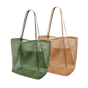 Women’s Summer Outdoor Foldable Mesh Beach Tote Elegant Folding Beach Handbag For Travel And Shopping Reusable