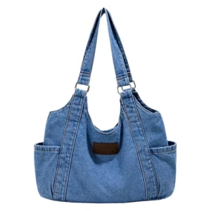 Women’s Summer Shoulder Tote Bag Washed Denim Large Capacity Portable Zipper Closure Polyester Lining Embroidery