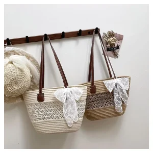 Women’s Synthetic Leather Lining Woven Tote Bag with Open Mouth Design Perfect for Summer Beach Activities