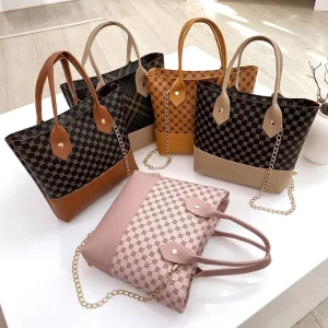 Women’s Trendy Retro PU Bucket Zipper HandBag with Two Straps Fashion Color Block Print for Daily Use